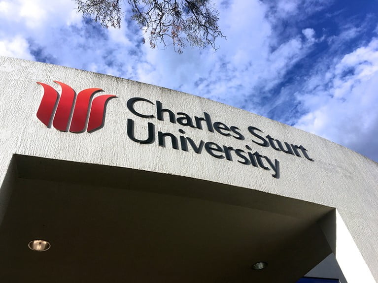 External signs for Charles Sturt University in Canberra.