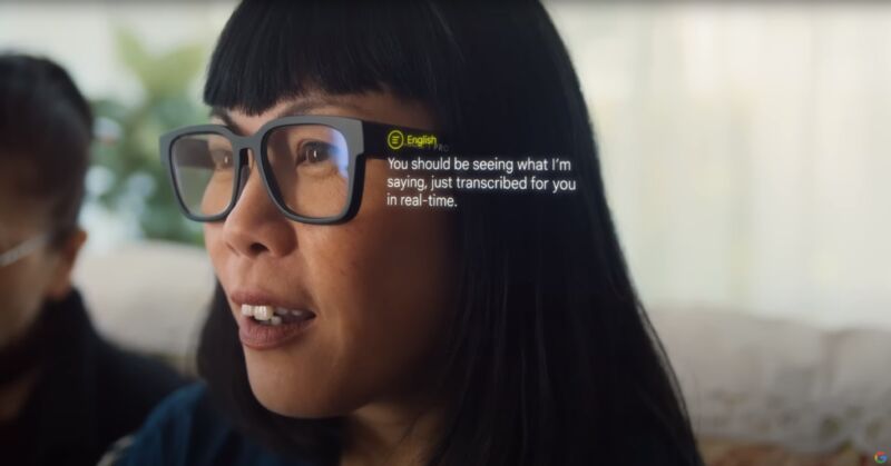 a woman wearing AR glasses with images showing what the user is seeing