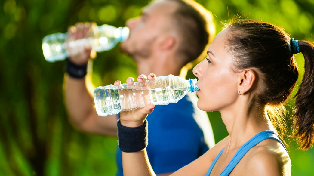 Collage of images featuring balanced meals hydration a person drinking water and pre post-workout.