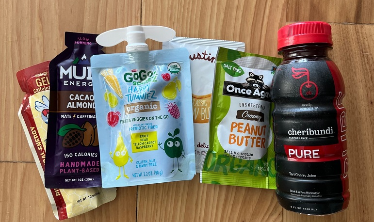 Collage of images showcasing pre-run fuel options, hydration strategies, and post-run recovery snacks