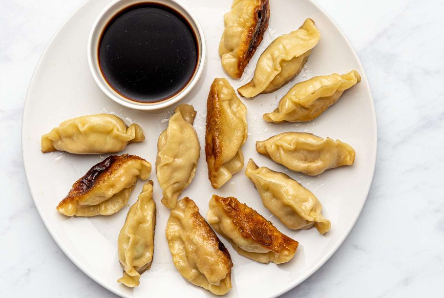 Collage of ingredients used in potstickers, emphasizing the nutritional benefits of each component.