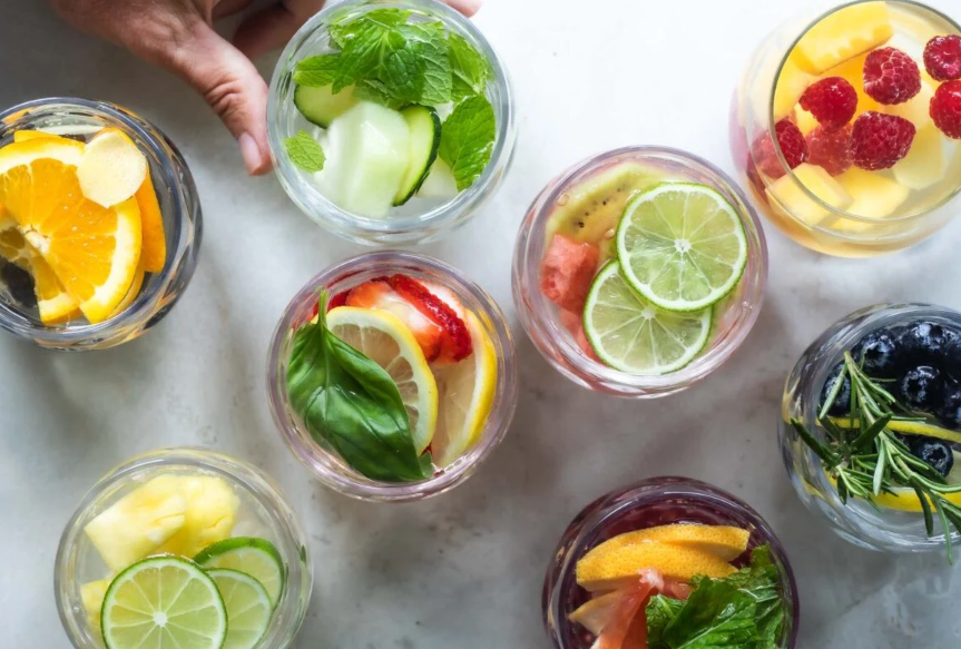 Images of various hydration options, including water, infused water with fruits and herbs, and unsweetened teas.